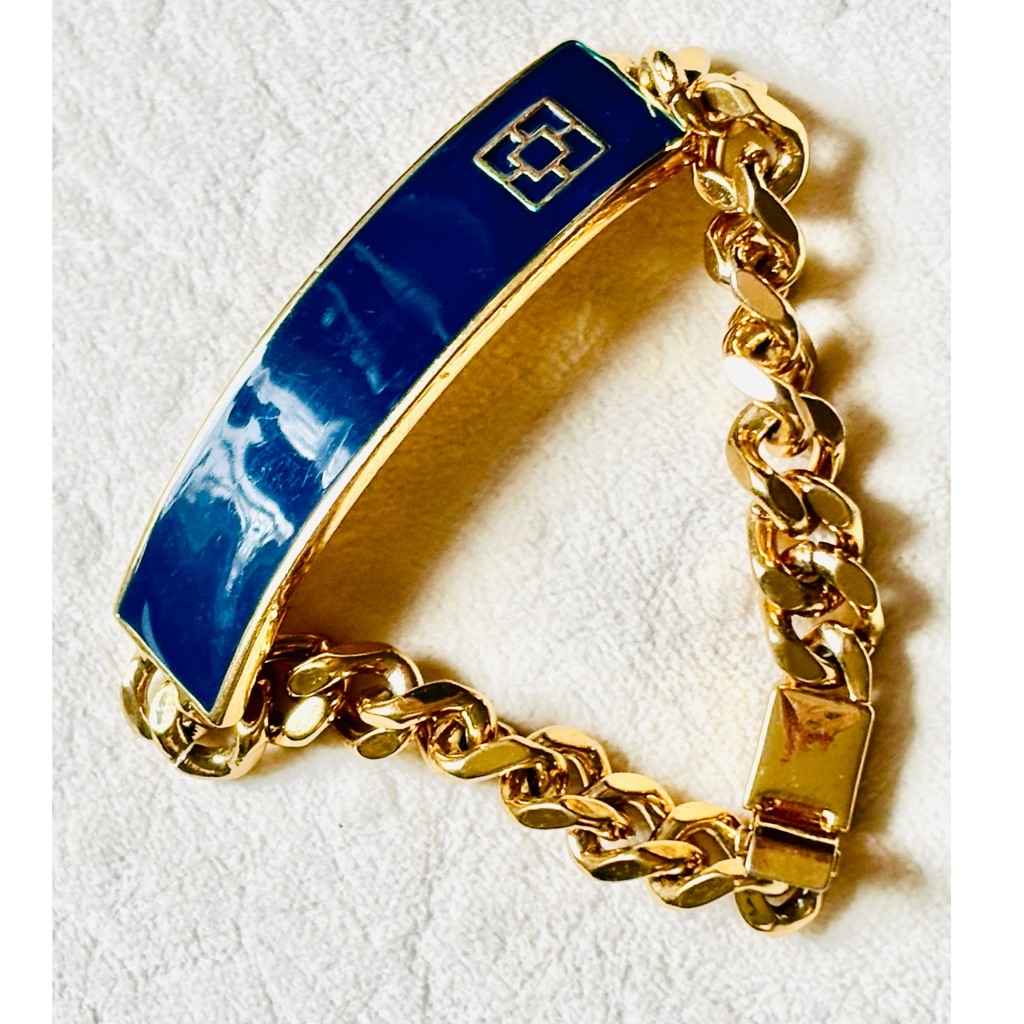 Trina Turk Gold Plated Chain And Blue Ceramic Signature Plate Bracelet